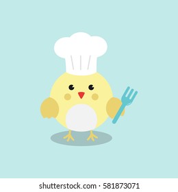 A Cute Chicken/Rooster hold a fork with chef hat cartoon character on blue background. 