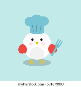 A Cute Chicken/Rooster hold a fork with chef hat cartoon character.