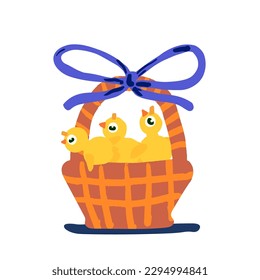 Cute chickens in a basket. Concept of happy easter day.