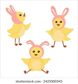 Cute chickens in bunny hats with long ears. Happy Easter cartoon characters collection on a white background. Set for Easter card.