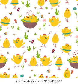 Cute chickens in different poses, flowers and butterflies seamless pattern. Easter chickens. Poultry. Vector illustration.