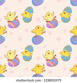  Cute chickens and Easter eggs seamless pattern.