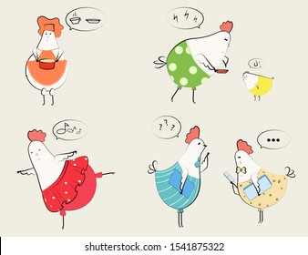 Cute chickens in funny clothes. They wear colorful jeans and dresses.