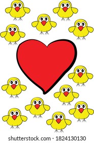Cute Chickens with heart  isolated on white background.