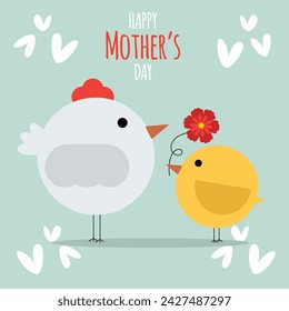 Cute chickens on Happy mother day poster Vector illustration