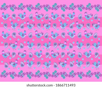 Cute chickens with paisley wings on a striped pink background. Funny endless ornament. Fabric or wallpaper for the baby.