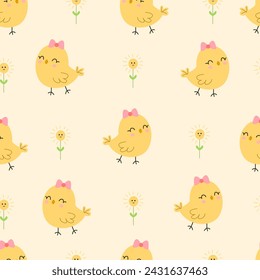 Cute chickens seamless pattern. Children's wallpaper for Easter. Yellow love flower background