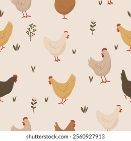 Cute Chickens Seamless Pattern with Floral on a Light Background. Farm Animals Pattern. Hand Drawn Vector Illustration.