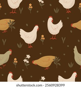 Cute Chickens Seamless Pattern with Floral on a Olive Background. Farm Animals Pattern. Hand Drawn Vector Illustration.