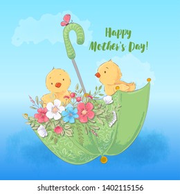 Cute chickens in an umbrella with flowers, vector illustration in cartoon style