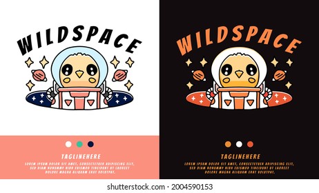 cute chicks astronaut in space doodle illustration for poster, sticker, or apparel merchandise. with vaporwave, synthwave style, aesthetics of 80s.