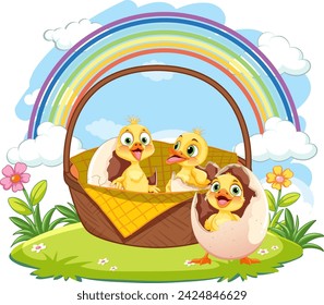 Cute chicks in a basket under a colorful rainbow