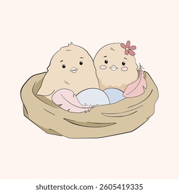 Cute Chicks and birds inside nest Hand drawn Easter decorative elements. Newborn birds nourished by Mother Bird. Colorful eggs illustrations