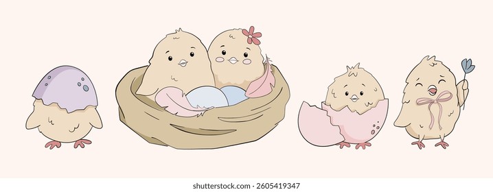 Cute Chicks and birds inside nest Hand drawn Easter decorative elements. Newborn birds nourished by Mother Bird. Colorful eggs illustrations