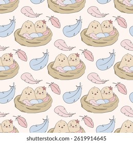 Cute Chicks and birds inside nest Hand drawn Easter decorative Seamless Pattern. Newborn birds nourished by Mother Bird. Colorful eggs illustrations
