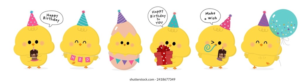 Cute chicks in birthday party. Animal cartoon character collection.