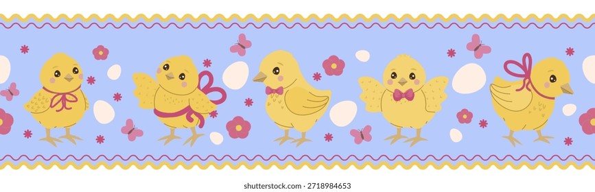 Pollitos lindos con arcos y mariposas Ilustración vectorial