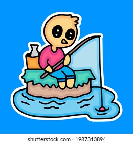 cute chicks cartoon fishing, illustration with kawaii style