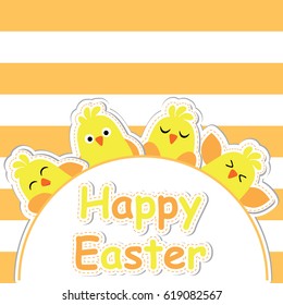 Cute chicks cartoon on orange striped background, Easter postcard, greeting and invitation card, vector illustration