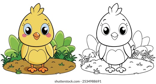 Cute Chicks Coloring Book For Kids Printable. Baby Chicken In Garden Cartoon Outline Vector. Animal Cartoon Illustration