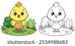 Cute Chicks Coloring Page For Kids Printable. Baby Chicken In Garden Cartoon Outline Vector. Animal Cartoon Illustration