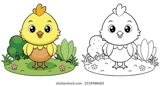 Cute Chicks Coloring Page For Kids Printable. Baby Chicken In Garden Cartoon Outline Vector. Animal Cartoon Illustration