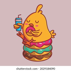 cute chicks eating pile donuts and drink cola. animal flat cartoon style illustration icon premium vector logo mascot suitable for web design banner character