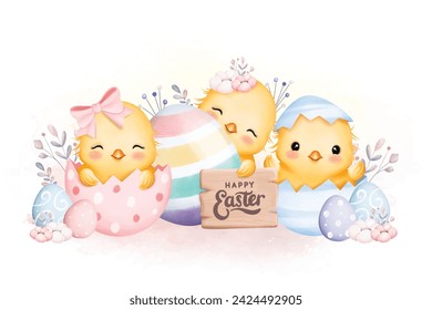 Cute Chicks and Eggs with Happy Easter Sign