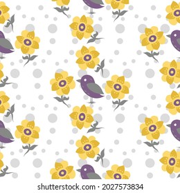 Cute chicks and flower vector seamless repeat pattern with purple birds and yellow flowers on a white backdrop with grey polka dots