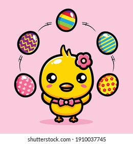 cute chicks with happy easter decorative eggs