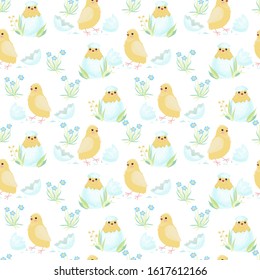 Cute chicks hatch from an egg seamless textured vector background. Cute characters background for textile, baby cloth, wallpaper and easter wrapping paper design.