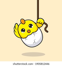 Cute chicks hold on the rope vector mascot illustration