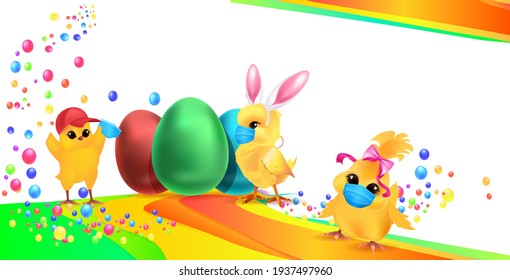 cute chicks in medical masks with decorative eggs happy easter holiday celebration banner flyer or greeting card