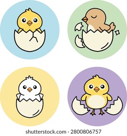 Cute chicks peek from eggshells in colorful circles. Each chick shows unique expressions and poses. One looks happy, another sleepy, a third curious. Soft pastel backgrounds add gentle charm