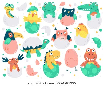 Cute chicks and reptile hatched from an egg flat icons set. Vector illustration