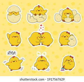 Cute chicks set of stickers for Easter. Different emotions and postures. Vector in cartoon style.