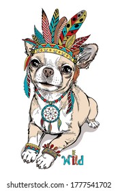 Cute chihuahua with accessories in ethnic style. Boho style dog sketch. Dog in indian headdress. Stylish image for printing on any surface