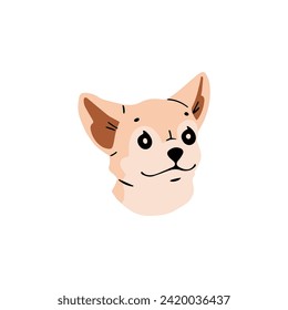 El avatar de Cute Chihuahua. Curioso bozal de cachorro de raza de juguete. Cara de perro pequeña. Retrato de hocico de cachorro adorable. Compañía animal doméstica. Feliz sonrisa de mascota. Ilustración vectorial aislada plana sobre fondo blanco