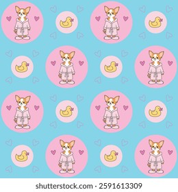 Cute chihuahua dog in bathrobe seamless pattern. Cozy dog pattern with chihuahua and rubber duck