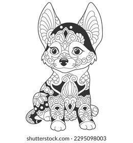 Cute chihuahua dog design. Animal coloring page with mandala and zentangle ornaments