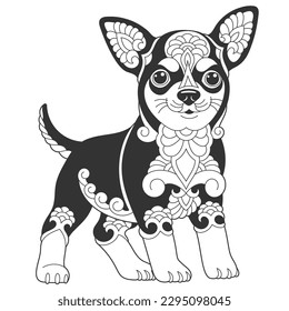 Cute chihuahua dog design. Animal coloring page with mandala and zentangle ornaments