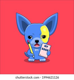 Cute Chihuahua Dog Holding Book And Pencil. Flat Cartoon Style