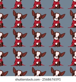 Cute chihuahua dogs with hearts in seamless pattern for Valentine's Day on dark background