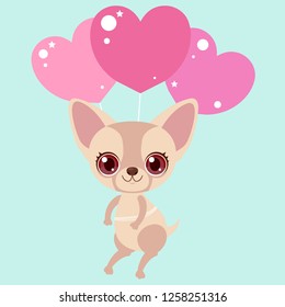 Cute chihuahua flying on balloons - hearts. Funny sticker for a gift. Character for birthday or valentine's day. Children's character.