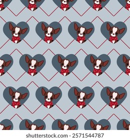 Cute chihuahua in heart seamless pattern on grey-blue background