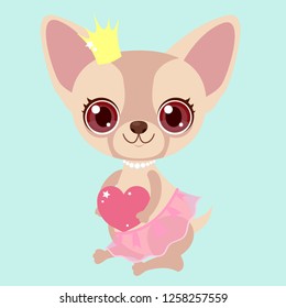 Cute chihuahua princess with heart gift. Funny sticker for a gift. Character for birthday or valentine's day. Children's character.