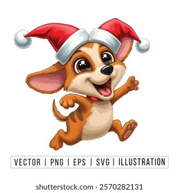 Cute Chihuahua Puppy in Santa Hat - Christmas Cartoon Vector Illustration