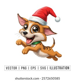 Cute Chihuahua Puppy in Santa Hat - Christmas Cartoon Vector Illustration