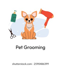 Cute Chihuahua sits with grooming tools like scissors, shampoo, and a hairdryer. Minimalist and modern design, ideal for pet care services. Vector illustration