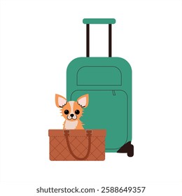 Cute Chihuahua Sitting in a Stylish Quilted Bag Next to a Green Suitcase Adorable Small Dog Ready for Travel, Pet-Friendly Vacation Concept, . Vector illustration